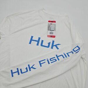 Huk Fishing Mens White Long Sleeve Performance Shirt Blue Logo Size M NWT